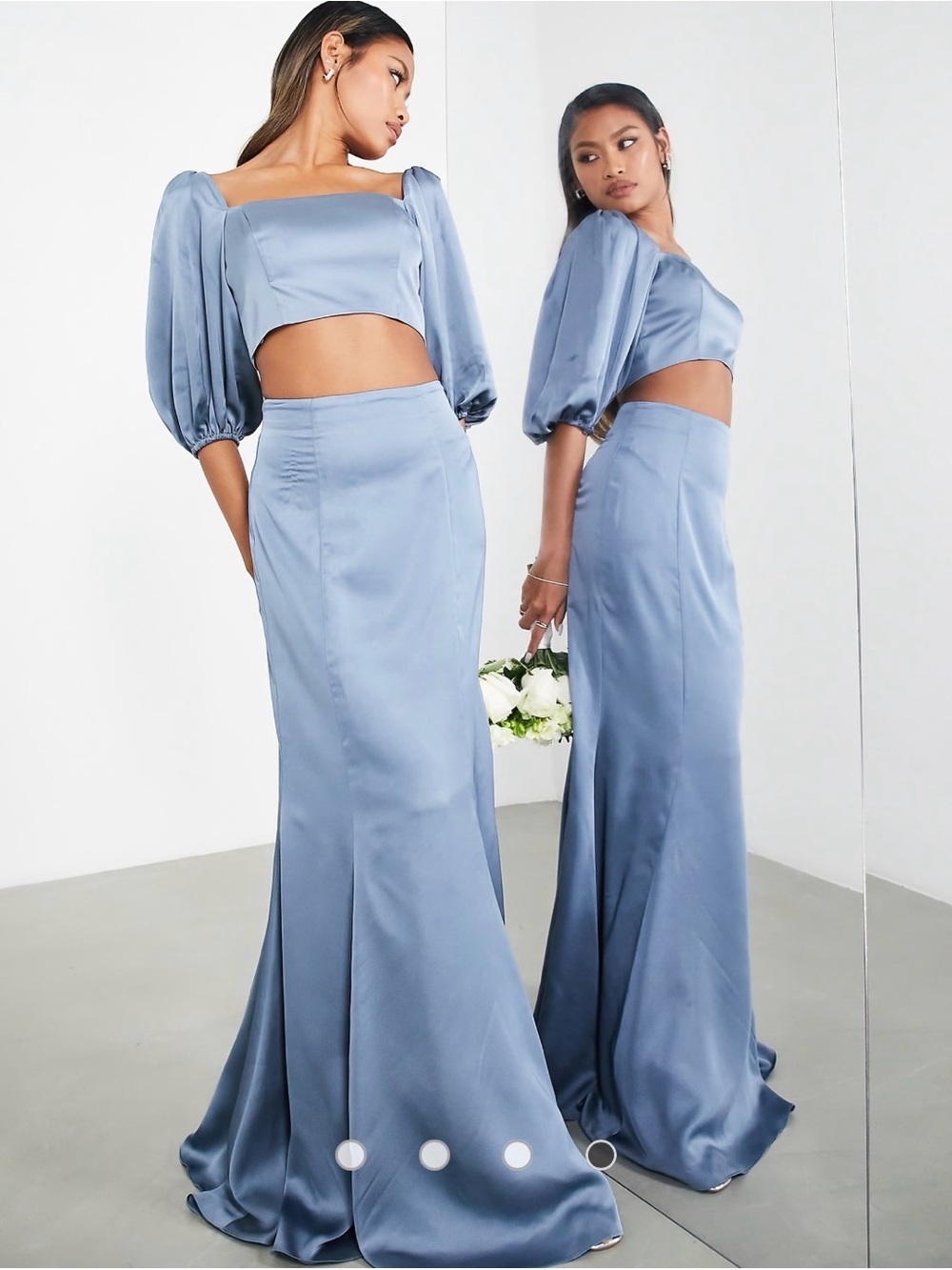 ASOS Satin Two-Piece Dusky blue set with Puff Sleeves and fishtail skirt